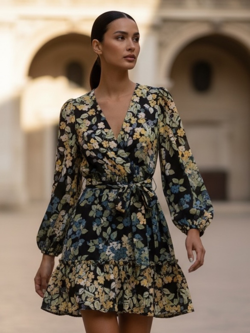 Floral V Neck Mini Dress in Black with Yellow and Blue Blossoms